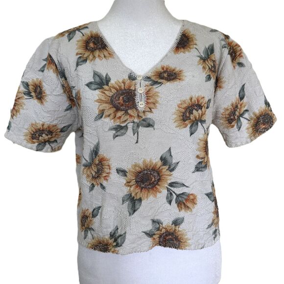 Vintage Sunflower Knit Crop Top Size M L Short Sleeve Beige 90s Cottage - Picture 3 of 8